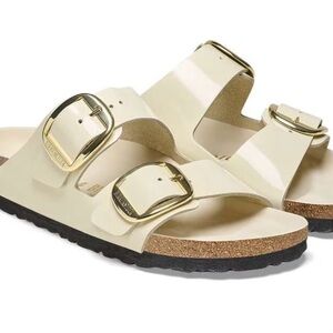 Birkenstock Cream Sandals with Gold Buckles